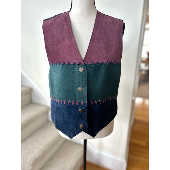 Vintage 90s Navy, Green & Burgundy Stitched Leather Vest - Picture 1 of 6